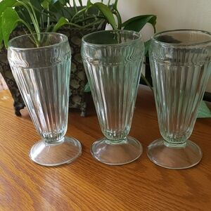 Vintage- Milkshake Glasses- Slightly Tinted Green/Clear Glass- Set Of 3